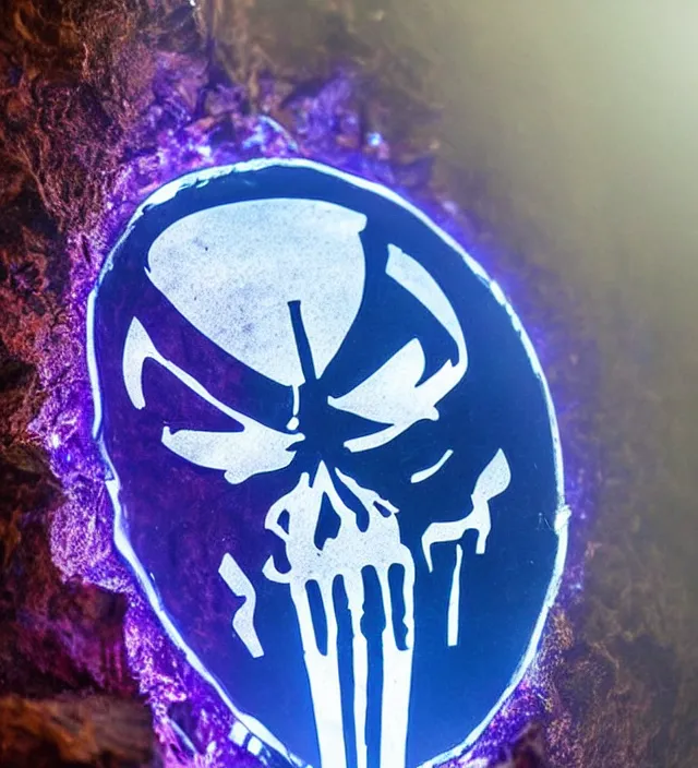 Image similar to punisher symbol is luminous deep purple crystal growing in a cave with smoke and light rays.