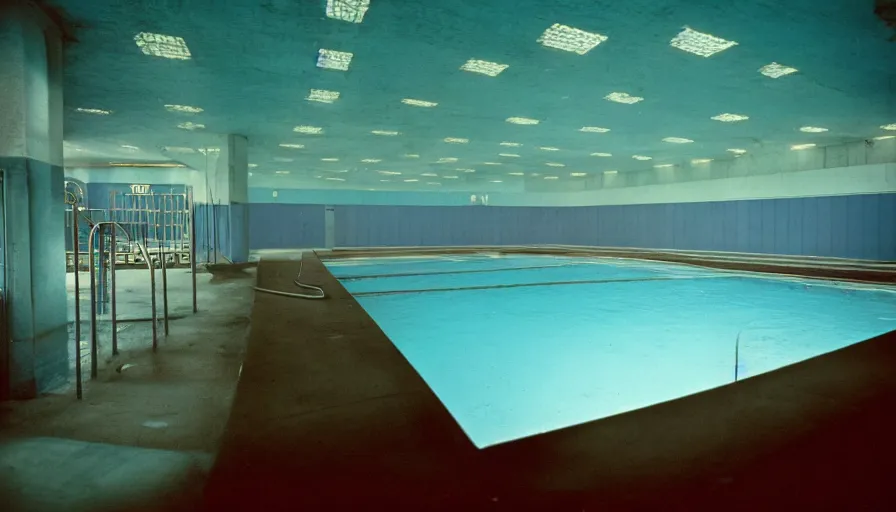 Prompt: 60s movie still of a sovietic stalinist style empty light blue pool ,cinestill 800t 50mm eastmancolor, liminal Space style, heavy grain-s 150