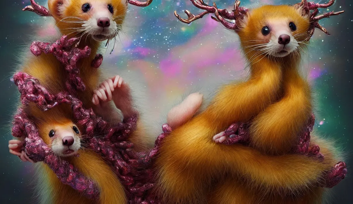 Image similar to hyper detailed 3d render like a Oil painting - kawaii full body portrait Aurora (a lithe beautiful furry ferret fae queen like skesis that looks like Anya Taylor-Joy with hooves and tiny antlers curled up about to sleep) seen playfully tall at photoshoot in UVIVF posing in scaly dress to Eat of the Strangling network of yellowcake aerochrome and milky Fruit and His delicate Hands hold of gossamer polyp blossoms bring iridescent fungal flowers whose spores black the foolish stars by Jacek Yerka, Ilya Kuvshinov, Mariusz Lewandowski, Houdini algorithmic generative render, Abstract brush strokes, Masterpiece, Edward Hopper and James Gilleard, Zdzislaw Beksinski, Mark Ryden, Wolfgang Lettl, hints of Yayoi Kasuma, octane render, 8k