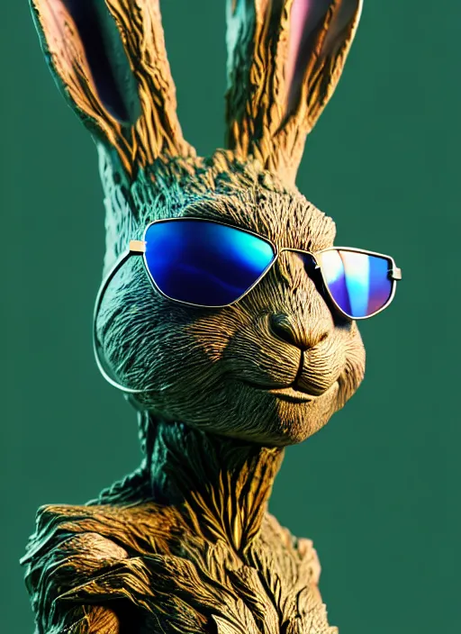 Prompt: rabbit groot as marble statue, big sunglasses, in marijuanas gardens, soft surface texture, very realistic 3 d render, soft sun lights, 4 k, high detailed photography result, 5 0 mm lens, rich deep colors, smooth gradients, depth of field, cinematic, hyper realism, high detail, octane render, unreal engine, 8 k, vibrant colors
