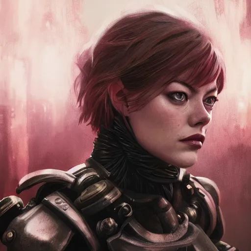 Image similar to emma stone portrait, dystopia core, apocalyptic, armor, warrior, dramatic, sharp focus, fiction, neon, fantasy, hyper detailed, digital art, trending in artstation, cinematic lighting, studio quality, smooth render, unreal engine 5 rendered, octane rendered, art style and nixeu and wlop and krenz cushart