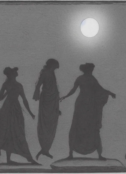 Image similar to three silhouettes of ancient greek goddesses observing an eclipse at dusk, painted by caspar david friedrich with high toner xerox halftones