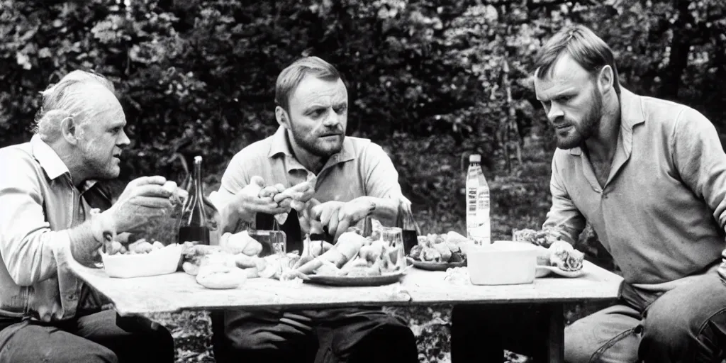 Image similar to photo of anthony hopkins and jeffrey dahmer sitting at a picnic table eating delicious fruit, hd