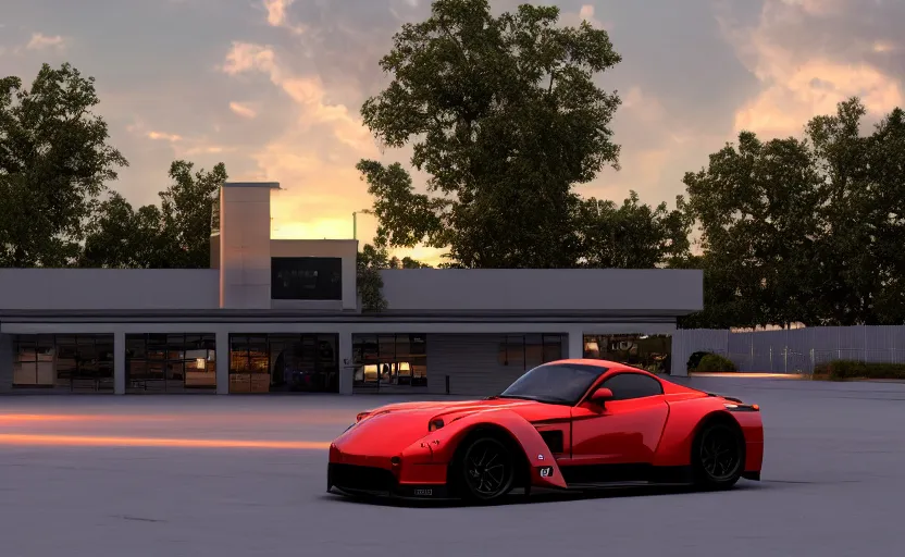 Image similar to a panoz gtr - 1 parked at a drive in movie theater at sunset, concept art, hyperrealistic, octane render, unreal engine 5, path traced, highly detailed, high quality, 8 k, dramatic lighting, cinematic, high coherence, symmetrical, high contrast, lens flare, godrays