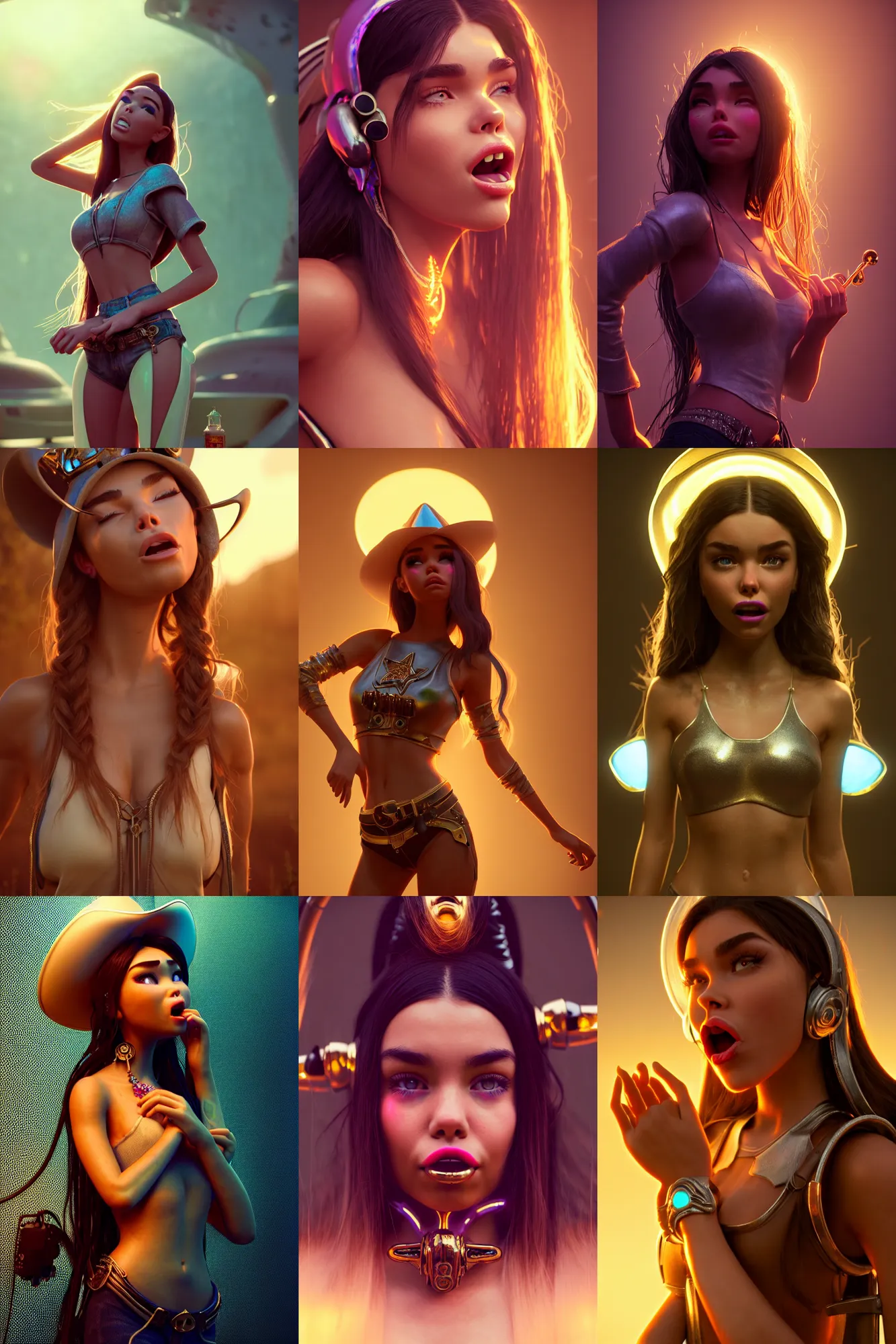 Prompt: madison beer edm cowgirl, sweaty, tongue out | earbuds, jewelry | glamorous oily soft polished rich ornate modern | weta disney pixar movie still photo | hi - fructose, sci fi fantasy, smooth, octane render, sharp focus, artstation, concept art | mucha, rutkowski, feng zhu, wlop |