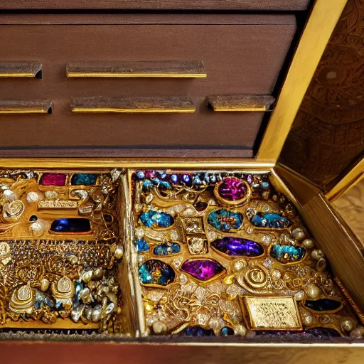 Image similar to A Ayleid chest filled with jewels and golden artefacts, 4k, hdri, museum quality photo