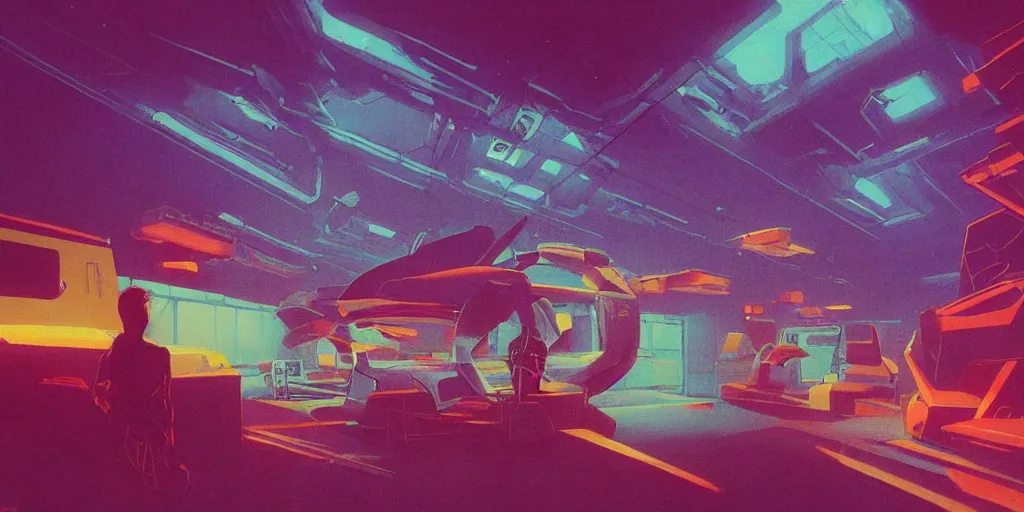 Prompt: 90s interior in the style of Peter Chung, figures, bright fluorescent lights, neon colors, cinematic, cyberpunk, smooth, chrome, lofi, nebula, calming, dramatic, fantasy, by Moebius, by zdzisław beksiński, fantasy LUT, studio ghibli, high contrast, epic composition, sci-fi, dreamlike, surreal, angelic, 8k, unreal engine, hyper realistic, fantasy concept art,