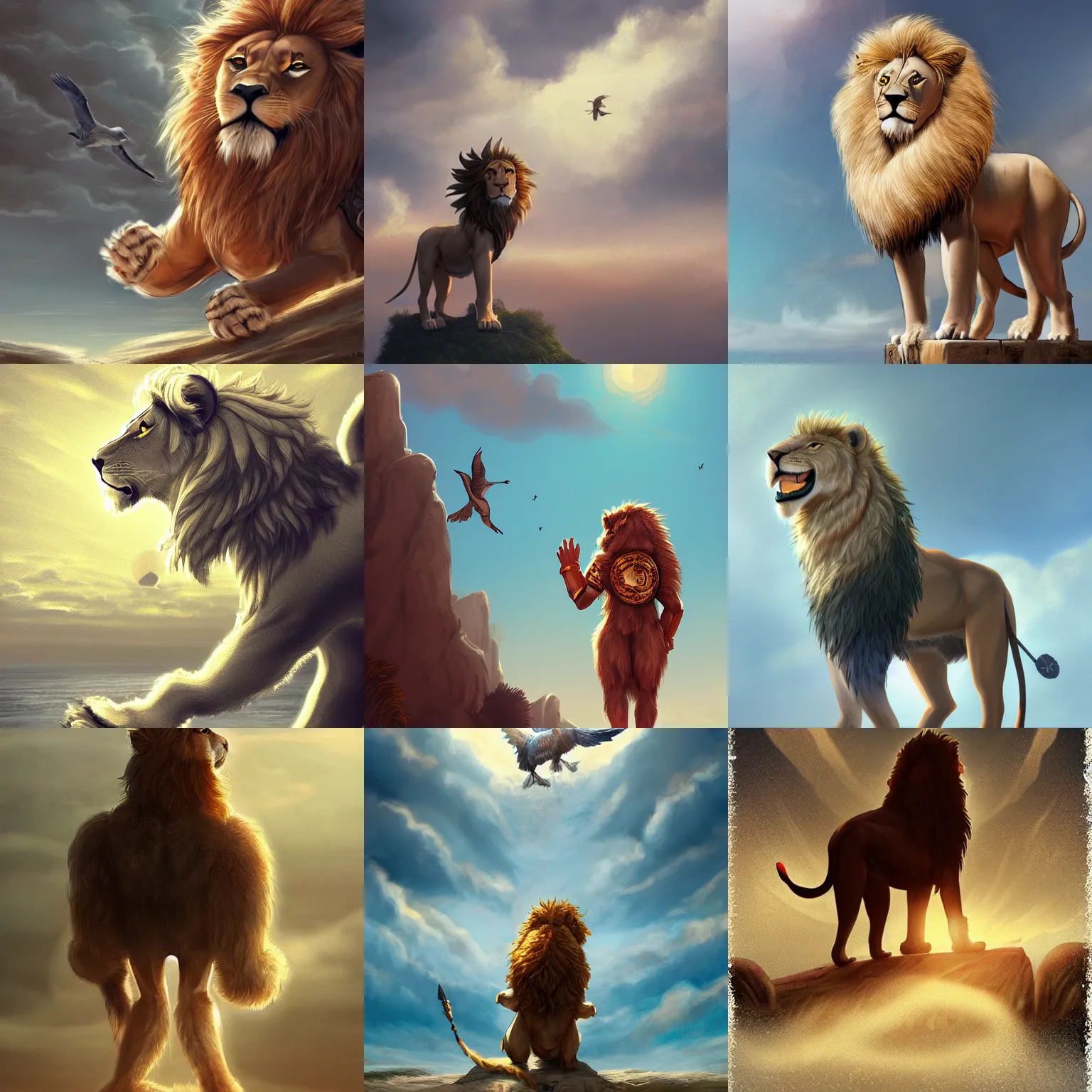 Prompt: a lion furry seen from his back wearing a paladin armor waving his right hand, a seagull flying in the sky, set during a journey on a caravel, digital art, trending on Artstation