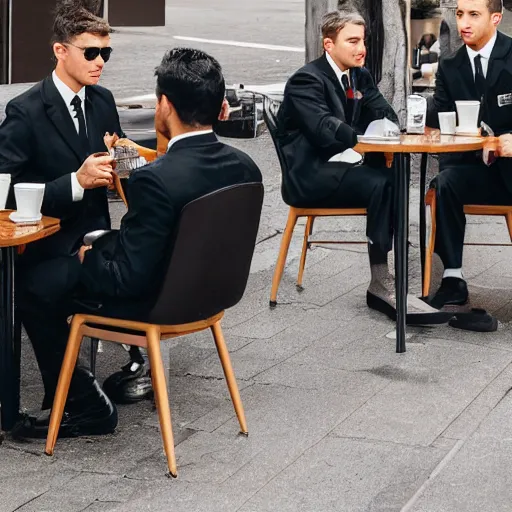 Prompt: special forces soldiers in black suits sitting at the cafe and drinking coffee