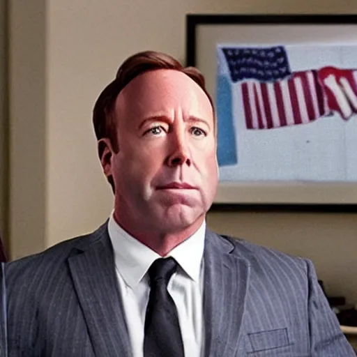 Prompt: “ very photorealistic photo of alex jones in saul goodman ’ s office, award - winning details ”