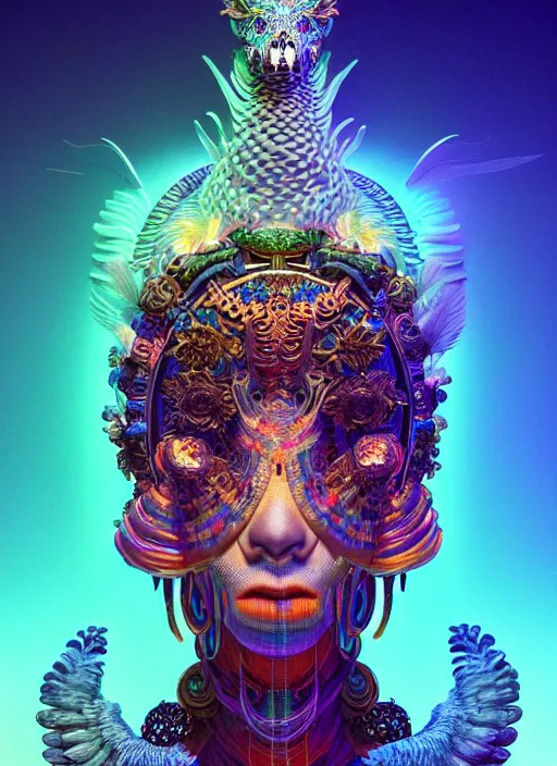 Prompt: a 3 d wlop goddess portrait, 8 k micro details global illumiantion beautiful intricate highly detailed quetzalcoatl skull and feathers. bioluminescent, fire, snow, water, wind, creature, thunderstorm! artwork by tooth wu and wlop and beeple and greg rutkowski, trending on artstation,