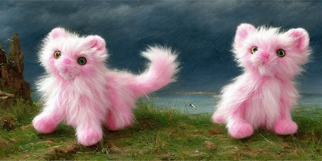 Image similar to 3 d precious moments plush animal with realistic fur and a blue / white / gray / green / pink / tan / mid pink / blue gray color scheme, landscape with blue / white / gray / green / pink / tan / mid pink / blue gray color scheme palette, master painter and art style of john william waterhouse and caspar david friedrich and philipp otto runge