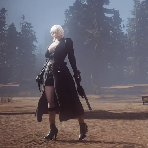 Prompt: Film still of 2B nier automata from Red Dead Redemption 2 (2018 video game)