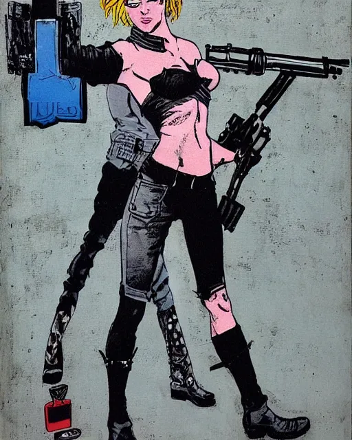 Prompt: punk girl pointing gun, city street, frank miller