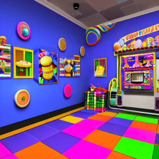 Prompt: the inside of an impressive award - winning candy shop themed escape room with lots of candy, candy machines and a funny man. on the wall is a portrait of a zebra. hyper - realistic, realistic color 3 d render