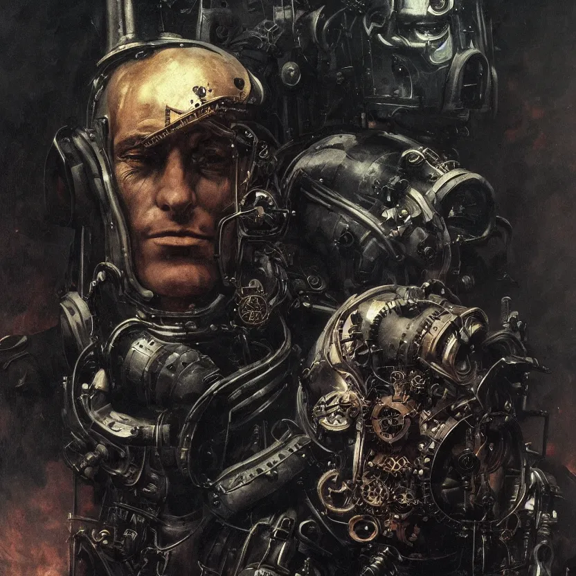 Prompt: neoclassicist close - up sci - fi portrait of a steampunk overlord. dark black ominous background, glowing atmosphere. highly detailed science fiction horror painting by norman rockwell, frank frazetta, and syd mead. rich colors, high contrast, gloomy atmosphere. trending on artstation and behance.