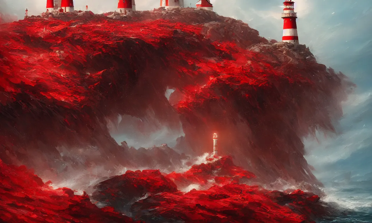 Image similar to a beautiful painting of a lighthouse surrounded by a violent tumultuous sea of red blood by John Blanche and Greg Rutkowski, trending on Artstation, midjourney