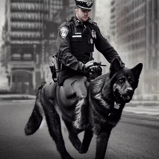 Image similar to police officer riding a giant German shepherd in the city, trending on artstation