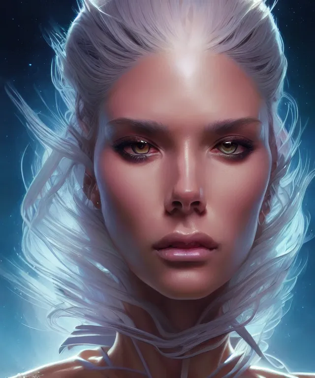 Image similar to futuristic woman portrait, sci-fi, amber eyes, face, long hair, fantasy, intricate, elegant, highly detailed, digital painting, artstation, concept art, smooth, sharp focus, illustration, art by artgerm and greg rutkowski and alphonse mucha