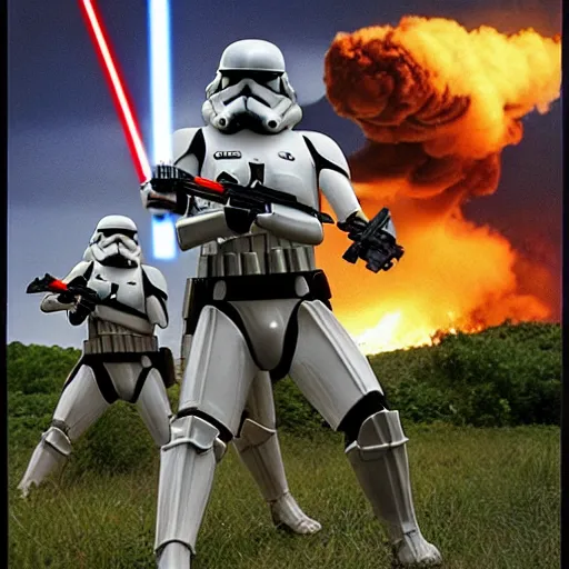 Image similar to star wars clone troopers combat soldiers in vietnam, photo, old picture, lush landscape, jungle, firearms, explosions, helicopters, aerial combat, active battle zone, flamethrower, air support, jedi, land mines, gunfire, violent, star destroyers, star wars lasers, sci - fi, jetpacks, agent orange, bomber planes, smoke, trench warfare