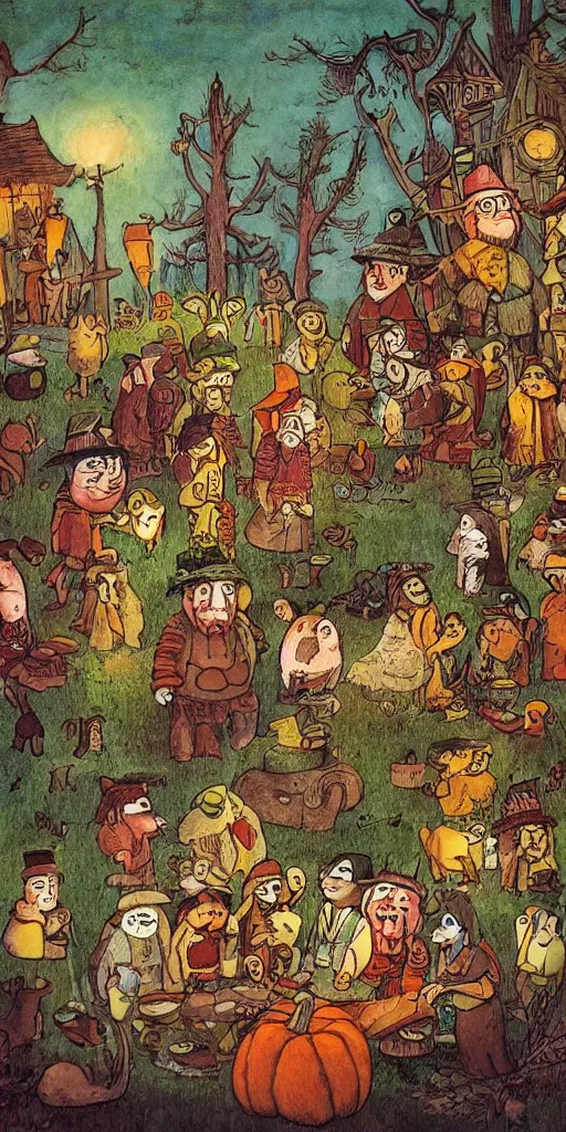 Prompt: a thanksgiving day scene with pilgrims and native americans by alexander jansson, joel fletcher, owen klatte, angie glocka, justin kohn, maurice sendak. thanksgiving day color palette.