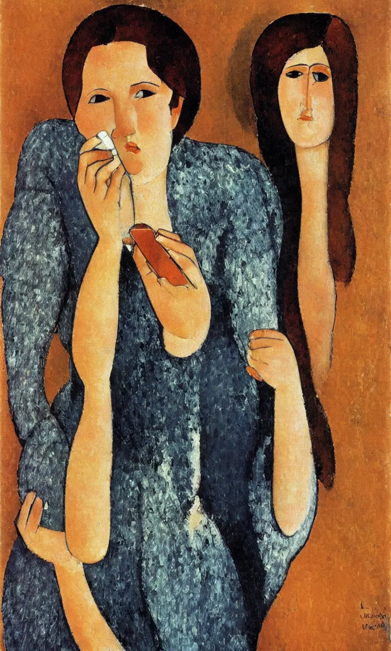 Image similar to amedeo modigliani. close up portrait of a woman with brown hair and a blue rollneck sweather holding an iphone in her hand. very soft brush.