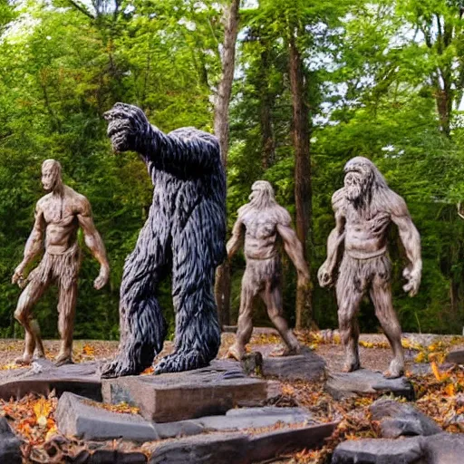 Image similar to group of occultist bowing worshipping a bigfoot statue