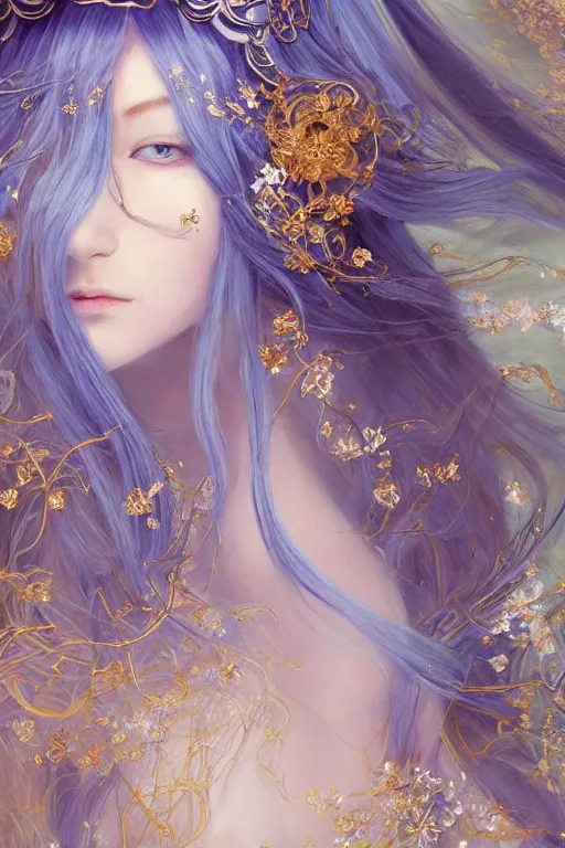 Image similar to breathtaking detailed soft painting of a full shot knight queen with long flowing blue hair, pastel flowers petals and golden ribbons flying, art by pilyeon and yuumei art, symmetrical facial features, at dawn in front of a pristine golden art nouveau cathedral, elegant, volumetric lighting, highly detailed, artstation, concept art, matte, sharp focus,