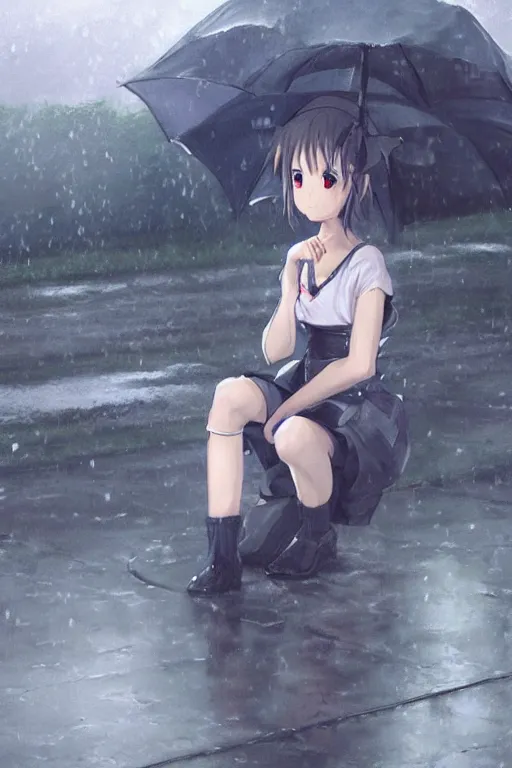 Image similar to A stern girl in Japanese maid's clothes and long stockings sits on the wet pavement in a parking lot in the rain at night. Dark 3d anime drawing art by Ruan Jia and Mandy Jurgens and Artgerm and William-Adolphe Bouguerea Sakimichan