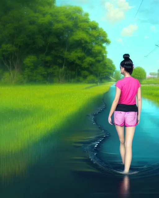 Image similar to photo of a girl with black hair in a ponytail and dressed in a green shirt and pink shorts walking along train tracks stretching out toward the horizon that are submerged under a few inches of water, intricate, elegant, highly detailed, digital painting, artstation, concept art, smooth, sharp focus, illustration, art by artgerm and greg rutkowski and fra angelico