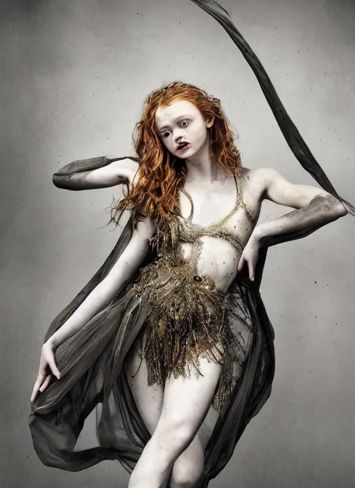 Image similar to sadie sink expressive full body photo of an angels dancing, glamour shot, by jenny saville, by stefan gesell, photorealistic, canon r 3, fashion photography, hyper maximalist, elegant, ornate, luxury, elite, environmental portrait, symmetrical features, octane render, unreal engine, solid dark grey background, dramatic lights