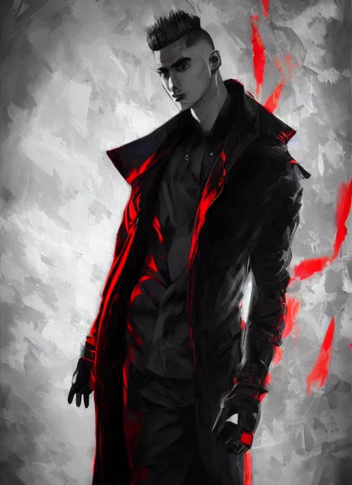 Image similar to An epic fantasy comic book style portrait painting of a young man with black undercut haircut, wearing black overcoat, red clothes, blue jeans. Unreal 5, DAZ, hyperrealistic, octane render, cosplay, RPG portrait, dynamic lighting