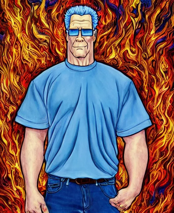 Image similar to hank hill wearing bluejeans and white tshirt, the god of propane's blue flames, blue fire, biblical painting, art by mike judge, art by josephine wall, art by amanda sage, art by huang guangjian, art by viktoria gavrilenko, trending on artstation