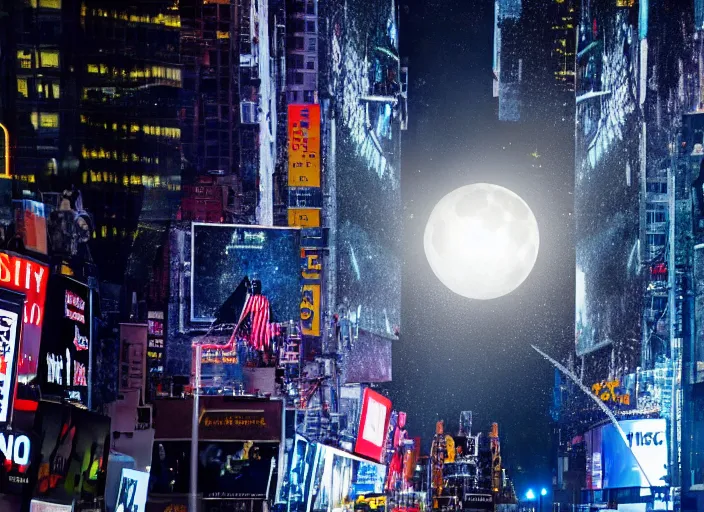 Image similar to film still of the moon shattering into pieces over time square in the new disaster movie, 8 k, night time