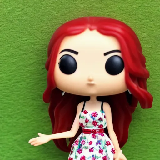 Image similar to skinny 19 year old white girl with long red hair in a flowery sundress, funko pop, highly detailed photo closeup sharp photo