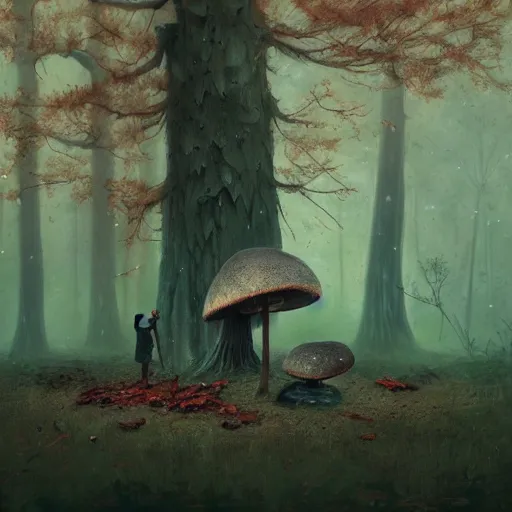 Image similar to an old broken hut mage of huge mushrooms, in an autumn forest, green and brown tones, by Aron Wiesenfeld and beksincki, in the style of of simon stalenhag and Bev dolittle, cinematic, detailed illustration, nature, fog, dark colors, suspense, intricate, 8k in the style