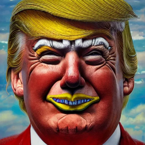 Image similar to mosaic portrait of clown trump into the sky by greg rutkowski, 4k, intricate details, dichotomy