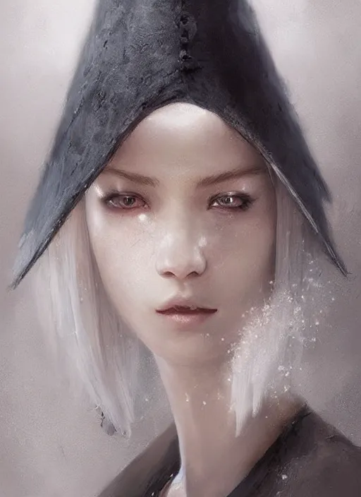 Image similar to girl with short white hair, tattered grey cloak, metallic asian conical hat, beautiful highly detailed face, beautiful painting by artgerm and greg rutkowski and raymond swanland