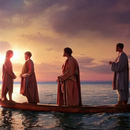 Image similar to Cinematic still of Stunned Men in 1st century clothing standing on a boat, looking in shock at the calm water, miraculous, spiritual, divine, Biblical epic directed by Ang Lee