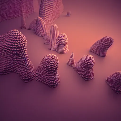 Image similar to a photograph of a 3 d render of 3 d cellular automaton. highly detailed octane render and vray with natural light and organic colours, volumetric lighting, raytracing, mist, smoke, rays of light, mystical and mysterious.