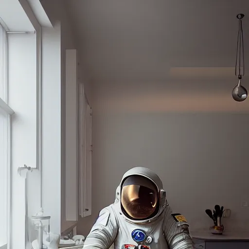 Image similar to a beautiful photo of an astronaut waiting in the kitchen, soft light, morning light, photorealistic, realistic, octane, 8k, cinematic shot