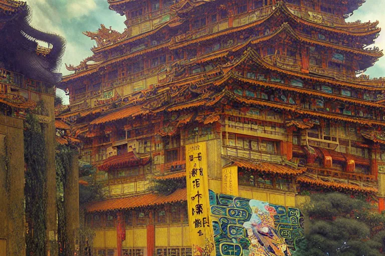 Image similar to cyberpunk chinese ancient castle, fantasy, painting by Gustav Klimt, greg rutkowski and alphonse mucha