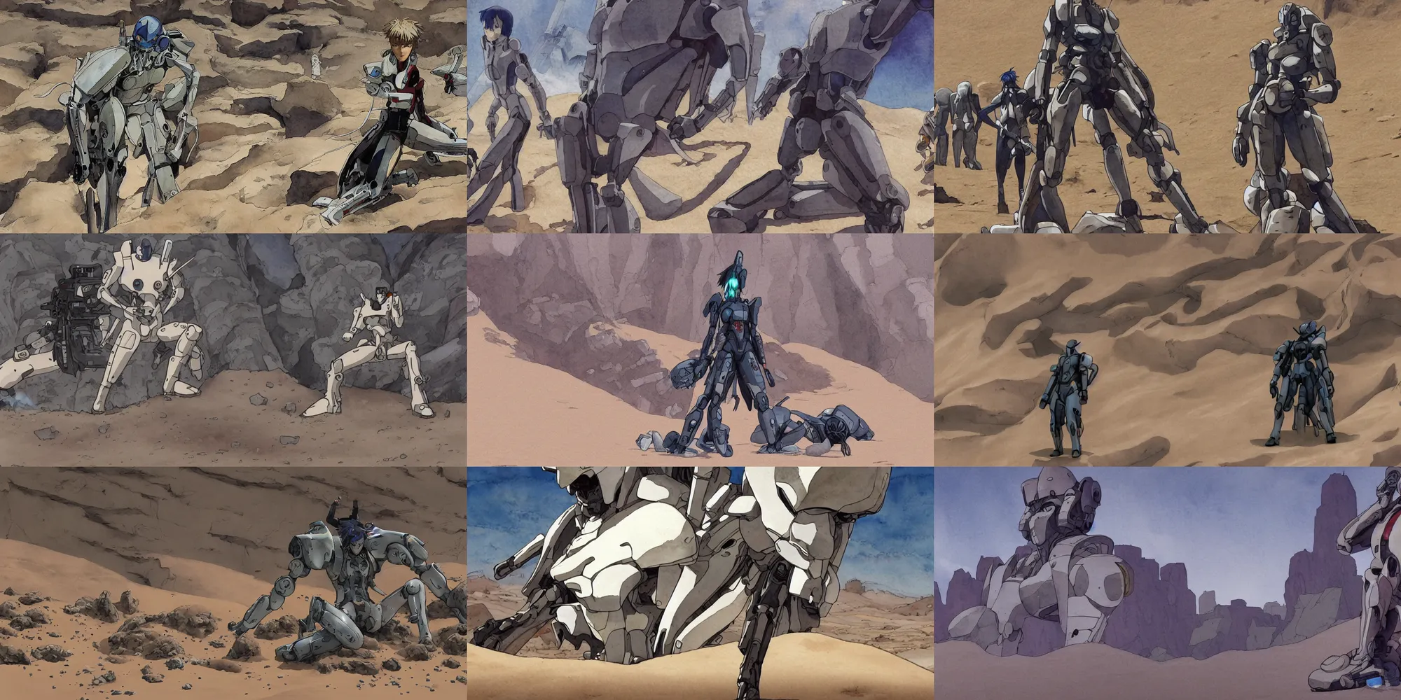 Prompt: incredible screenshot, simple watercolor, masamune shirow ghost in the shell movie scene close up broken Kusanagi, Giant robot head, giant robot bonesn spine and ribs in the desert sand dunes, in the desert, crazy looking rocks, deep chasm, rock climbing , nausicaa, cracks, brown mud, dust, take cover, bullet holes,, memorable scene, red, blue, orange, cool hair, odd pipes, metallic reflections, refraction, bounce light, phil hale, Yoji Shinkawa, bright rim light, hd, 4k, remaster, dynamic camera angle, deep 3 point perspective, fish eye, dynamic scene