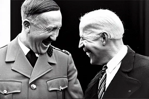 Image similar to “ very very intricate photorealistic photo of hitler and joe biden laughing together, detailed natural lighting, award - winning crisp details ”