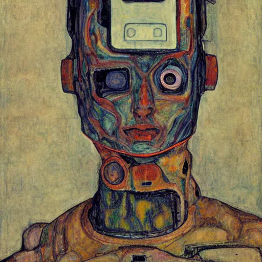 Image similar to portrait of a robot by egon schiele in the style of greg rutkowski