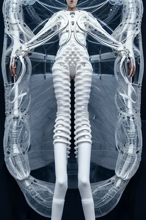 Image similar to background space station, baroque inflateble dress iris van herpen positing on floor, white helmet on face, perfect symmetrical, full body shot, inflateble shapes, wires, tubes, veins, jellyfish, white biomechanical details, wearing epic bionic implants, masterpiece, intricate, biopunk, vogue, highly detailed, artstation, concept art