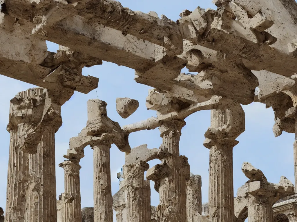 Image similar to pieces of greek sculptures and archidecture suspended in air, ancient greek ruins and pillars suspended in air, falling from sky, with debris and destruction falling from sky, mid air, debris flying around, swirls of fire