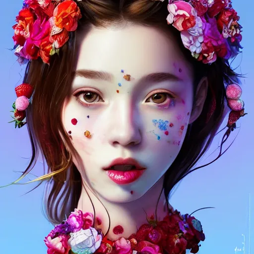 Prompt: the face of absurdly beautiful, graceful, elegant, sophisticated, sensual teenage gravure idol made of strawberries and colorful petals with tears, an ultrafine hyperrealistic illustration by kim jung gi, irakli nadar, intricate linework, bright colors, octopath traveler, final fantasy, unreal engine highly rendered, global illumination, radiant light, intricate environment