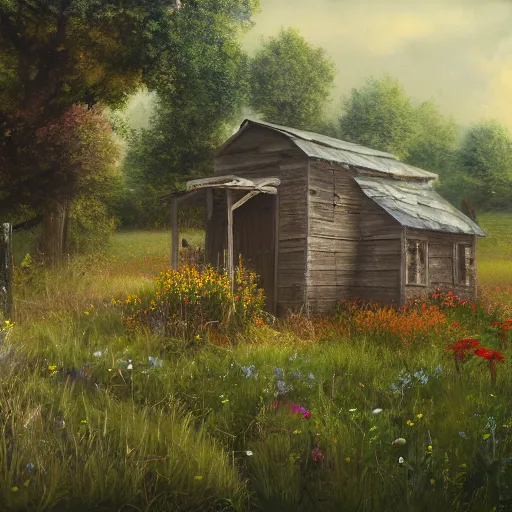 Image similar to a matte painting of a midwestern countryside, shack close up, overgrown, patchy flowers, oil painting, pale colors, high detail, 8 k, wide angle, trending on artstation,