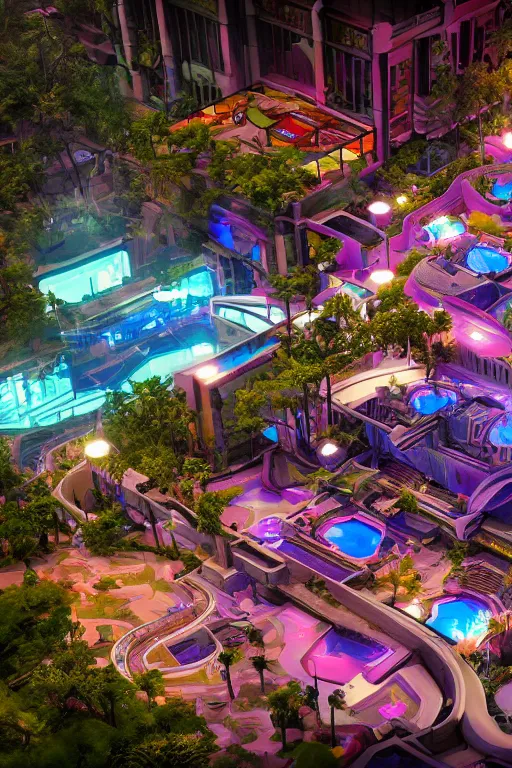 Image similar to photo of a cybertron aesthetic indoor liminal 90s mall with a lazy river, long shot, cinematography by Wes Anderson, 4k octane render, intricate detail, photorealistic , cinematic lighting, Artstation